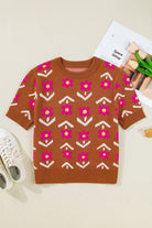 Brown Floral Pattern Short Puff Sleeve Sweater Short Sleeve Sweater 6f1be54397836c58