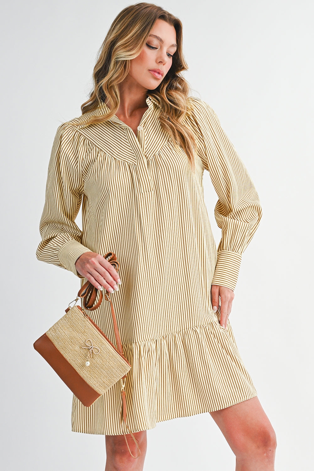 Brown Striped Shirt Collar Ruffle Hem Long Sleeve Dress Short Dresses 6f39aa12b3f0d8b7