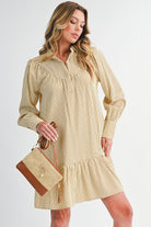 Brown Striped Shirt Collar Ruffle Hem Long Sleeve Dress Short Dresses 6f39aa12b3f0d8b7