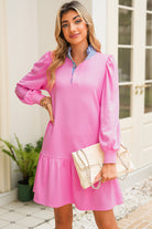 Pink Striped Collar Long Sleeve Ruffle Hem Dress Short Dresses 6faf0666d62bb7c5