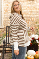 Brown Stripe Drop Sleeve Plus Size Henley Hoodie Plus Size Tops 6fbf73a278487c6d