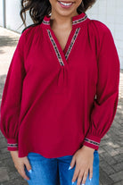 Racing Red Leopard Ricrac Applique V Neck Blouse Blouses 702115cc30d2f10b