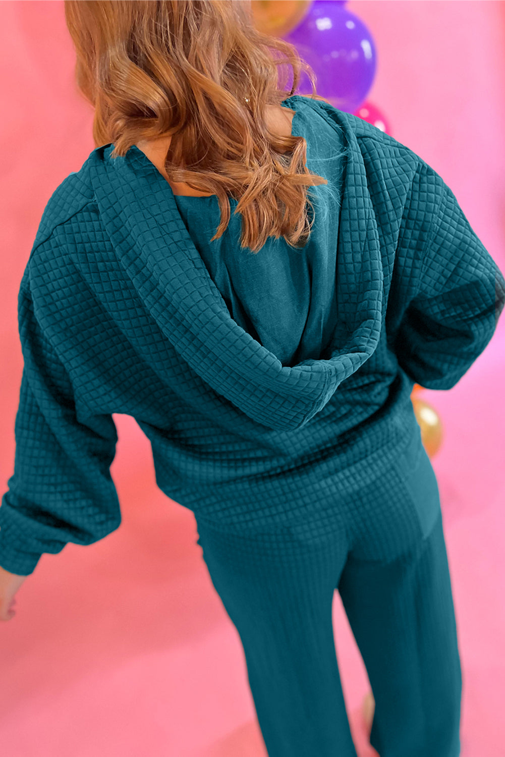 Skobeloff Checkered Texture Hooded Top and Loose Pants Set Two Piece Pants Sets 7025bdf905cc6f13