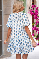 Sky Blue Floral Print Puff Sleeve Tiered Mini Dress Short Dresses 702d5561466fe9a9