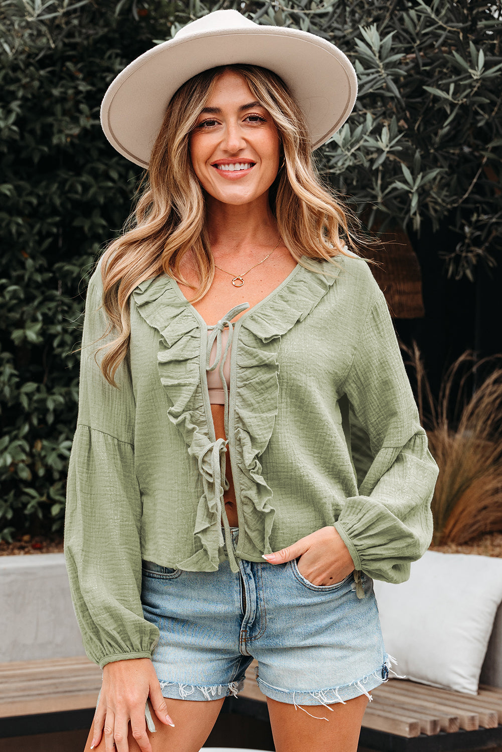 Meadow Mist Green Bow Tie Front Ruffle Trim V Neck Long Sleeve Blouse Blouses 708f5272559a3de3