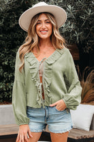 Meadow Mist Green Bow Tie Front Ruffle Trim V Neck Long Sleeve Blouse Blouses 708f5272559a3de3