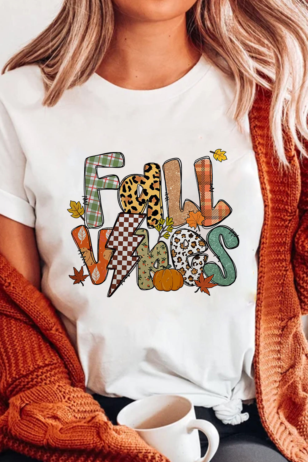 White FALL VIBES Cotton Blend Heat Transfer Printing Casual T Shirt Graphic Tees 70c2884b3b0f3604