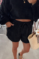 Black Textured Knit Drop Shoulder Pullover Drawstring Shorts Set Two Piece Shorts Sets 70cd5daa9f68f0ed
