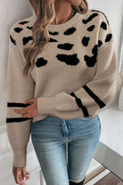 Khaki Leopard Striped Detail Drop Shoulder Sweater Sweaters 70e490cba7913816