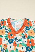 Orange Frilled V Neck Floral Print Bracelet Sleeve Blouse Blouses 70f35d1a4b1db90a