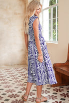 Dirty Blue Floral Print Smocked Waist Sleeveless Dress Midi Dresses 71066e3d3e8de0e1