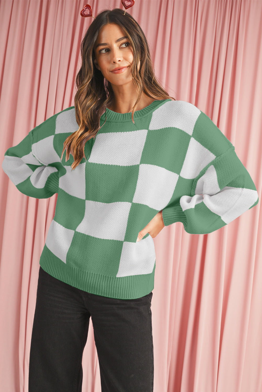 Green Checkered Bishop Sleeve Pullover Sweater Sweaters 71127ab4d12cee68