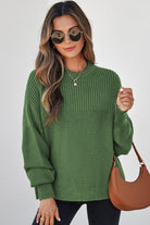 Vineyard Green Solid Color Mixed Textured Knitted Crew Neck Sweater Sweaters 7112d582c4ab4a0c
