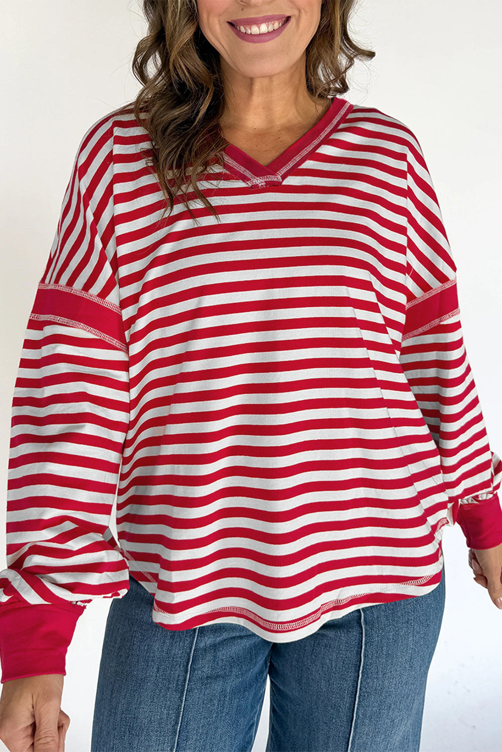 Red Striped Balloon Sleeve V Neck Blouse Long Sleeve Tops 718bee64f6b1287e