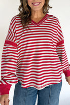 Red Striped Balloon Sleeve V Neck Blouse Long Sleeve Tops 718bee64f6b1287e