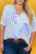 Sky Blue Leopard Print V Neck Short Sleeve Plus Size Top Plus Size Tops 718c408d872fb823
