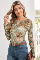 Green Floral Print Mesh Long Sleeve Top Long Sleeve Tops 718fe9c36e695eed