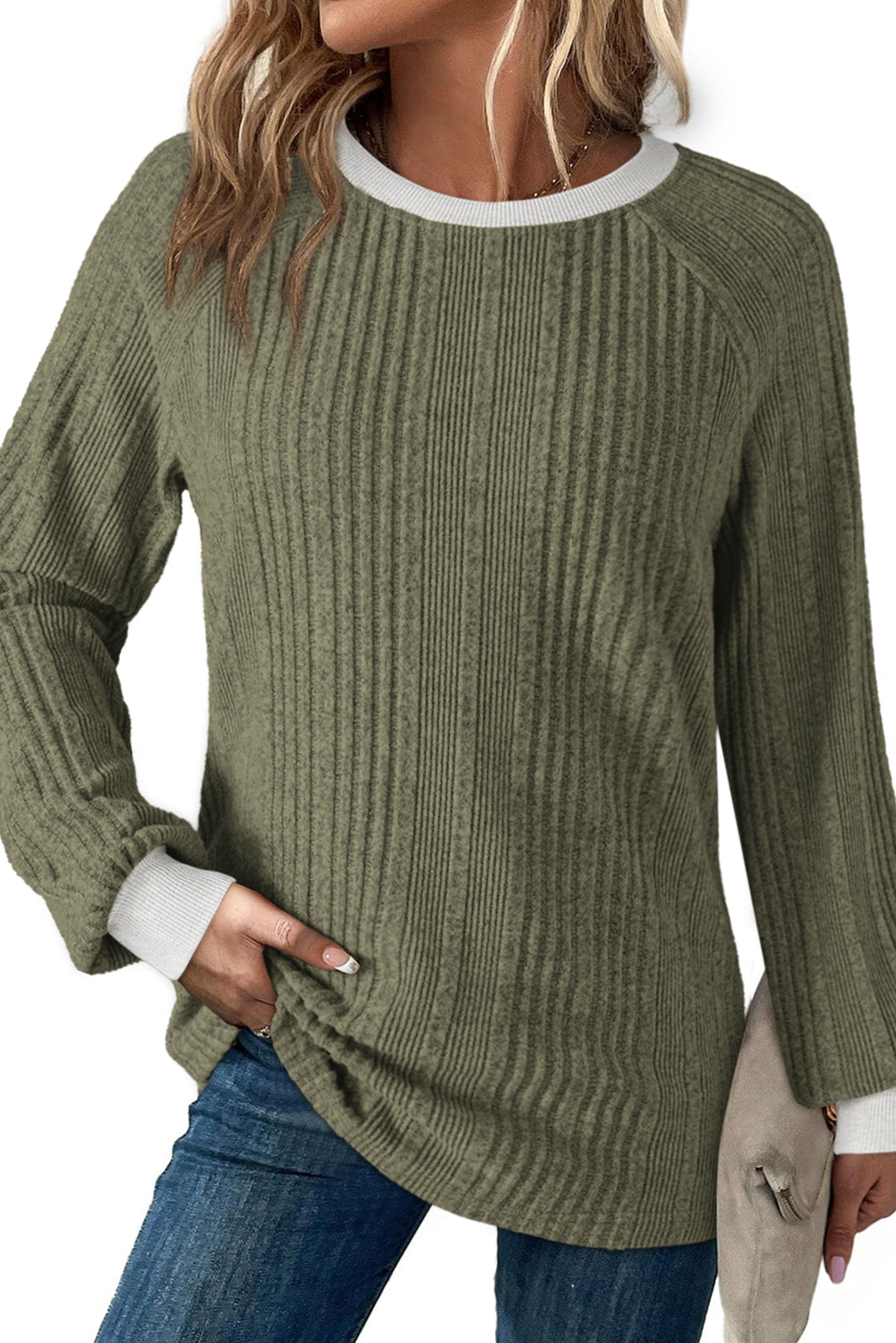 Moss Green Rib Texture Contrast Trim Round Neck Long Sleeve Top T Shirts 7195ffea48393f6c