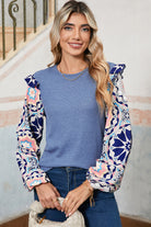 Ashleigh Blue Ruffle Floral Sleeve Patchwork Waffle Top Long Sleeve Tops 71a0963de6571edb