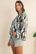 Green Geometric Print Button Balloon Sleeve Loose Fit Shirt Blouses 71a3c617f828d7d3