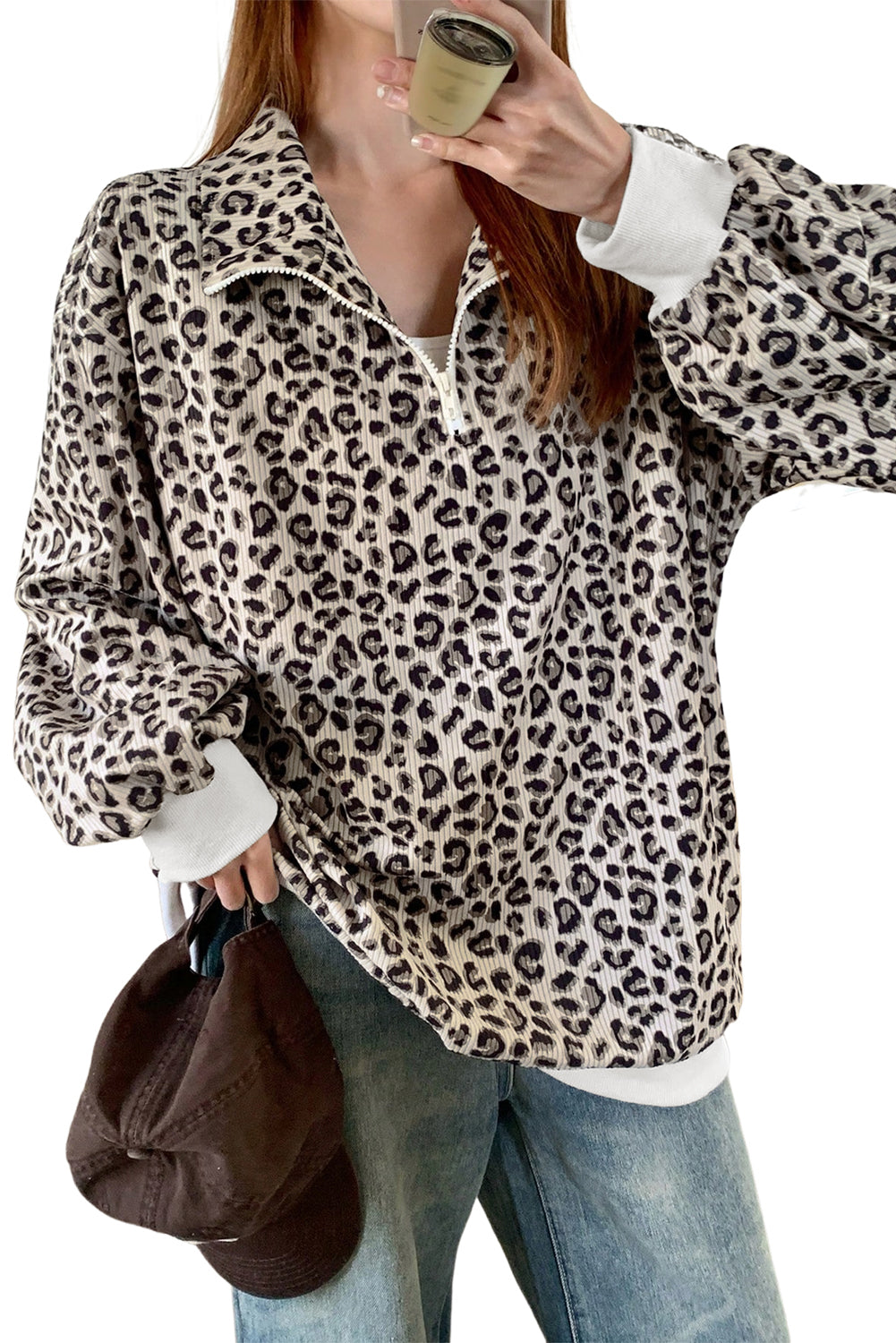 Beige Leopard Print Quarter Zip Corduroy Sweatshirt Sweatshirts & Hoodies 71bd214ac1d18f40