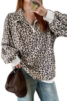 Beige Leopard Print Quarter Zip Corduroy Sweatshirt Sweatshirts & Hoodies 71bd214ac1d18f40
