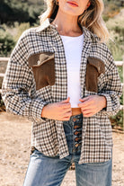 Green Contrast Corduroy Flap Pocket Patchwork Plaid Shacket Jackets 71be489fb585b41b