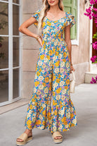 Yellow Floral Allover Print Shirred Cut Out High Waist Jumpsuit Jumpsuits 71cabb1f8bd06a83