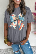 Gray USA Flag Bow Heat Transfer Printing Round Neck Loose T Shirt Graphic Tees 71d2ee27e83de82c