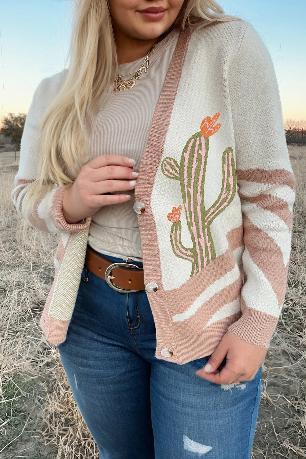 Apricot Cactus Print V Neck Plus Size Button Cardigan Plus Size Sweaters&Cardigans 723632ce00678e15