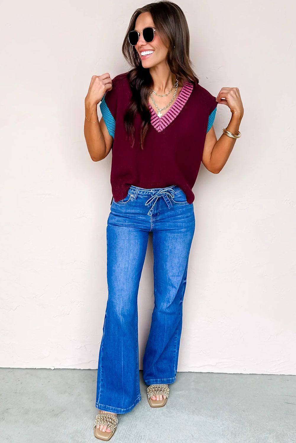 Burgundy Contrast Trim V Neck Cuffed Short Sleeve Loose Sweater Short Sleeve Sweater 72424301f84b7ae1