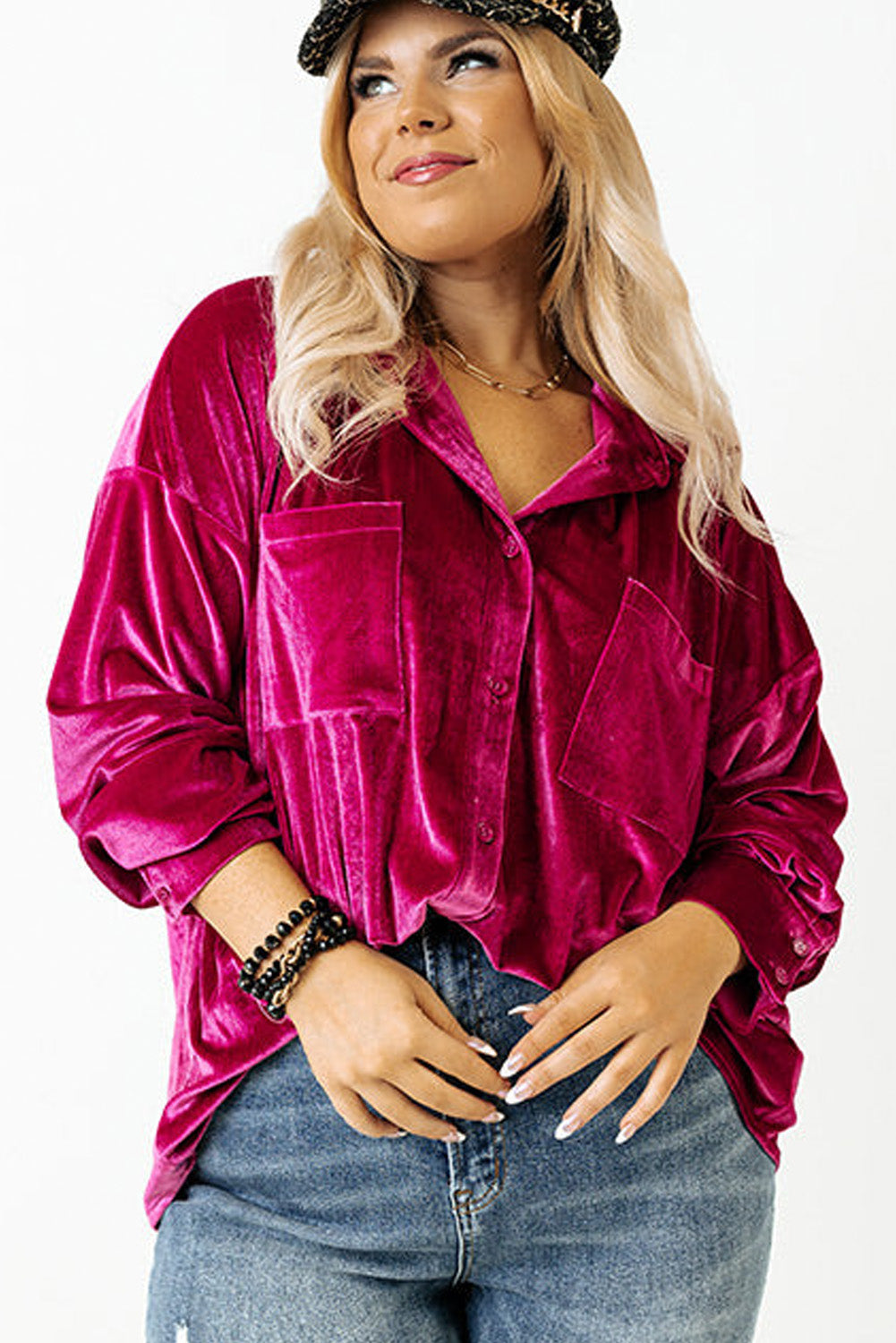 Bright Pink Plus Size Velvet Chest Pocket Drop Shoulder Shirt Plus Size Tops 72481a9b8f7f3763