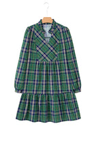 Green Plaid Print Frill Neck Long Sleeve Mini Dress Short Dresses 727370e608dacb00