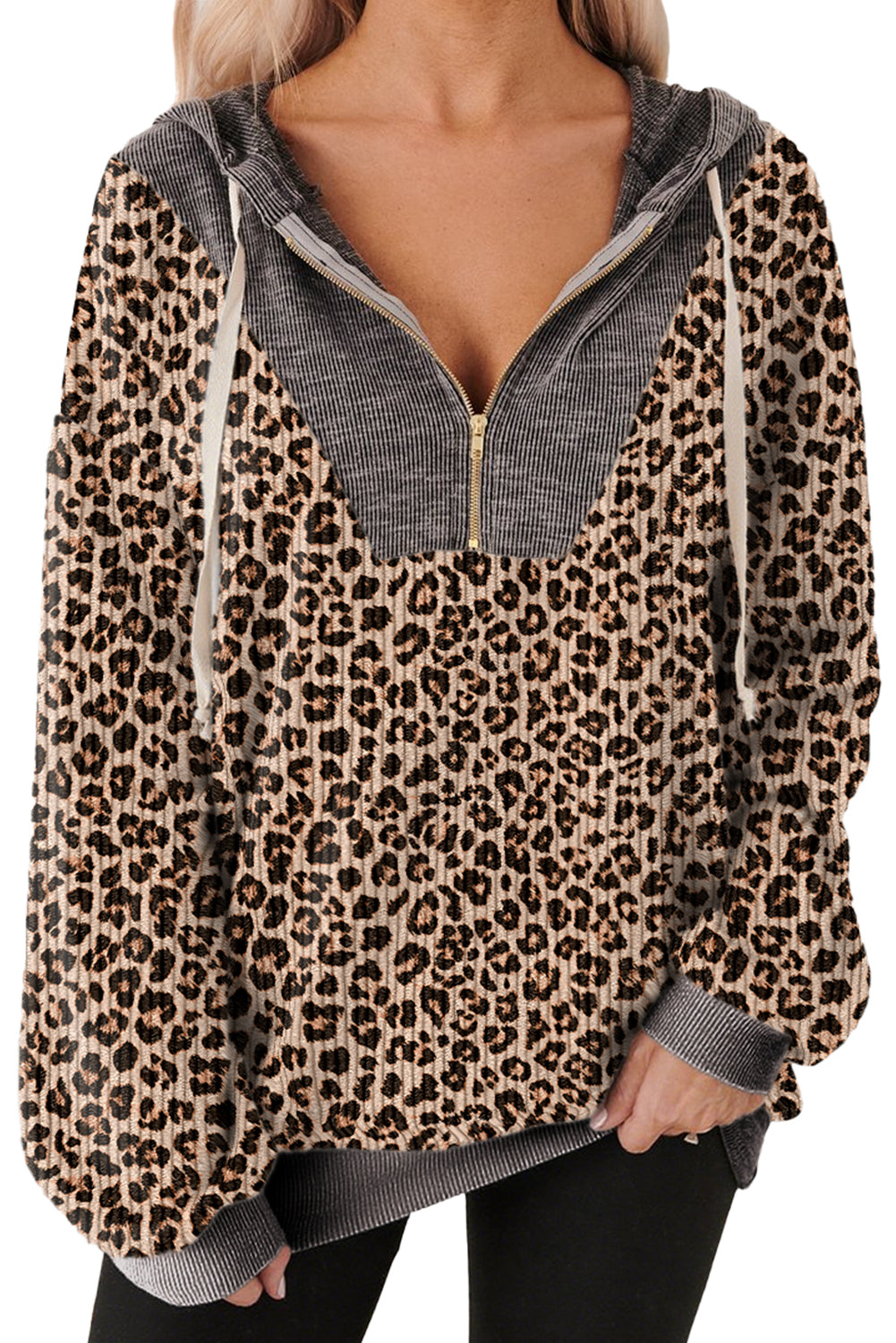 Khaki Ribbed Leopard Print Patchwork Collar Zip Hoodie Sweatshirts & Hoodies 72a008dba785c0a8