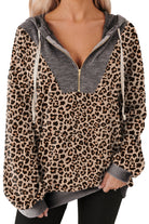 Khaki Ribbed Leopard Print Patchwork Collar Zip Hoodie Sweatshirts & Hoodies 72a008dba785c0a8