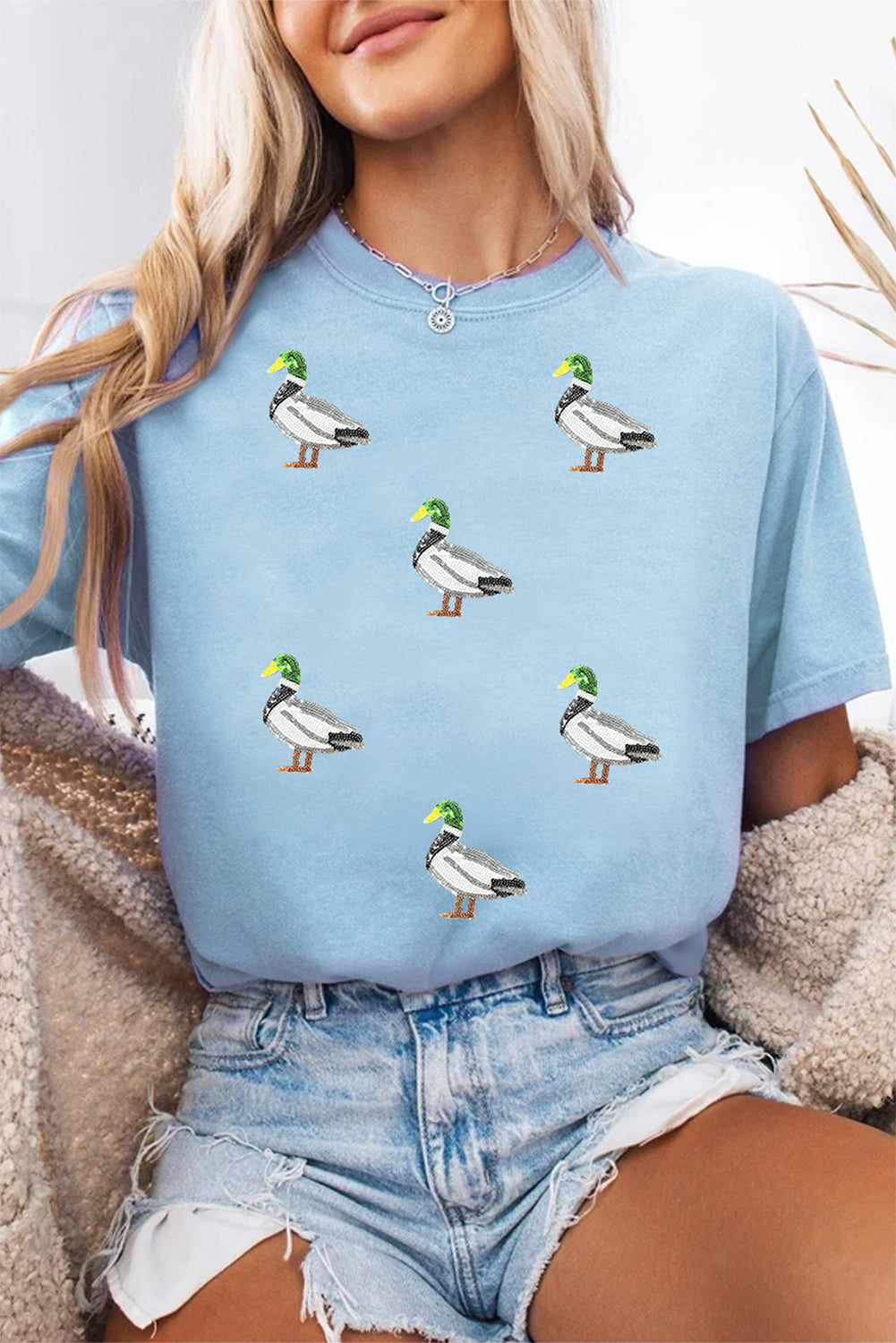 Light Blue Mallard Duck Graphic Sequins Patch Casual Tee Graphic Tees 72a84354f42f8a03
