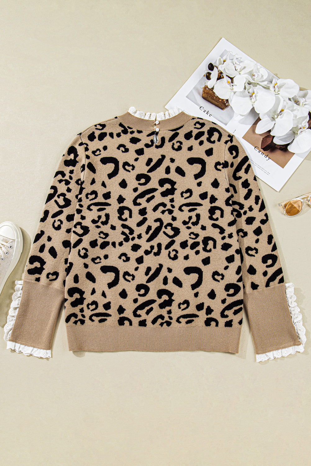 Brown Leopard Knitted Lace Trim Cuffed Plus Size Sweater Plus Size Sweaters&Cardigans 72a97e38279c5cd1
