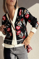 Black Floral Print Button Front V Neck Contrast Trim Cardigan Cardigans 72b28aeec3d7f18d