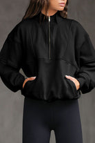 Black Half Zip Stand Collar Exposed Seam Solid Color Casual Sweatshirt Sweatshirts & Hoodies 732007f553dc8f23
