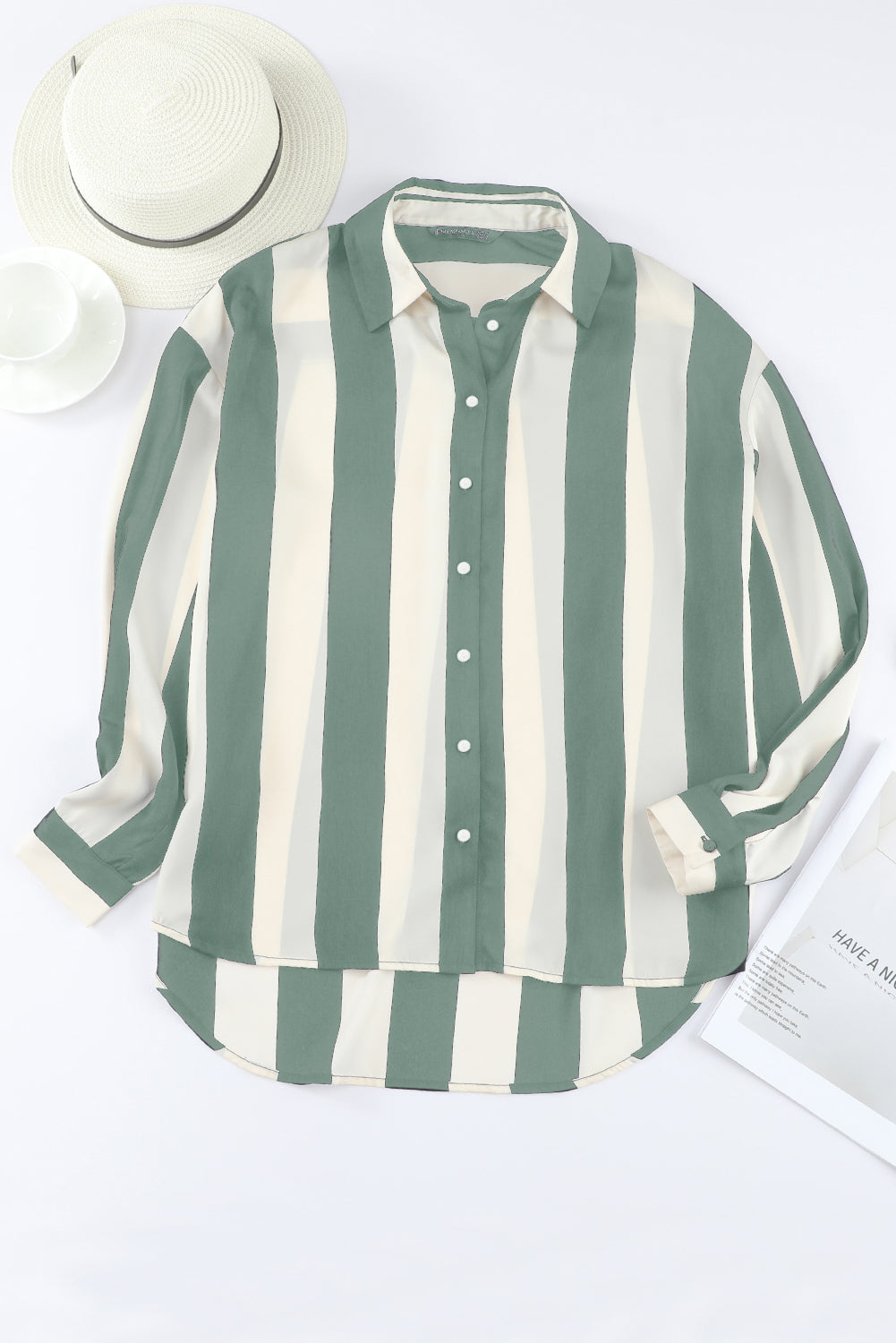 Green Striped Soft Relaxed Button Up Shirt Blouses 733490be3490ba9e