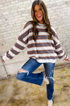 Khaki Striped Crew Neck Drop Shoulder Pullover Sweatshirt Sweatshirts & Hoodies 734e0676c94c223f