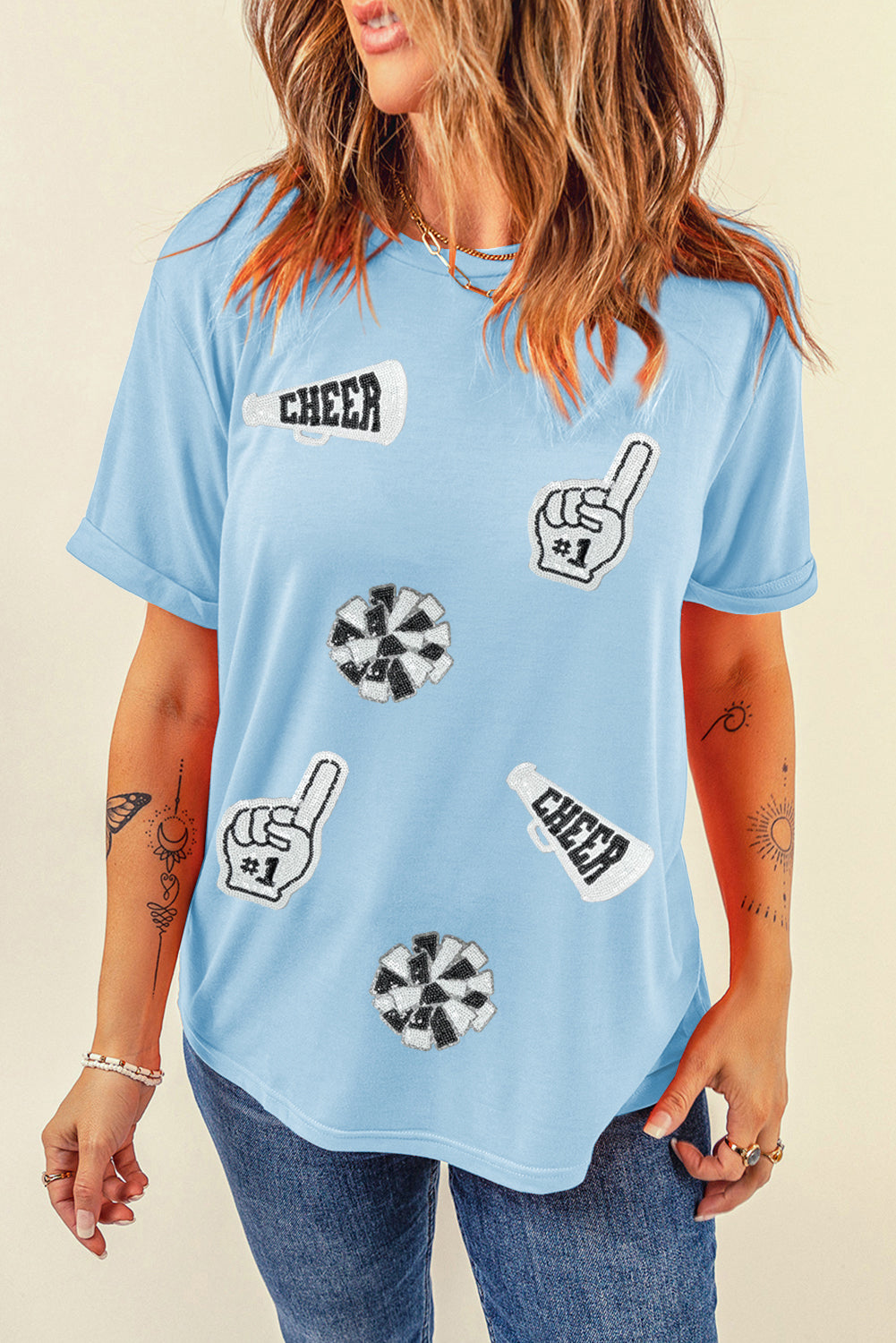 Light Blue Cheer Game Day Element Sequin Patched T Shirt Graphic Tees 7359ca58e1b9156b