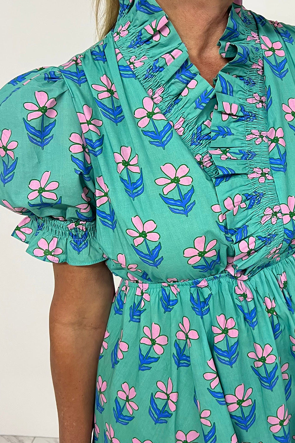 Green Floral Print Frilly Smocked High Waist Mini Dress Short Dresses 7368bf6052246386