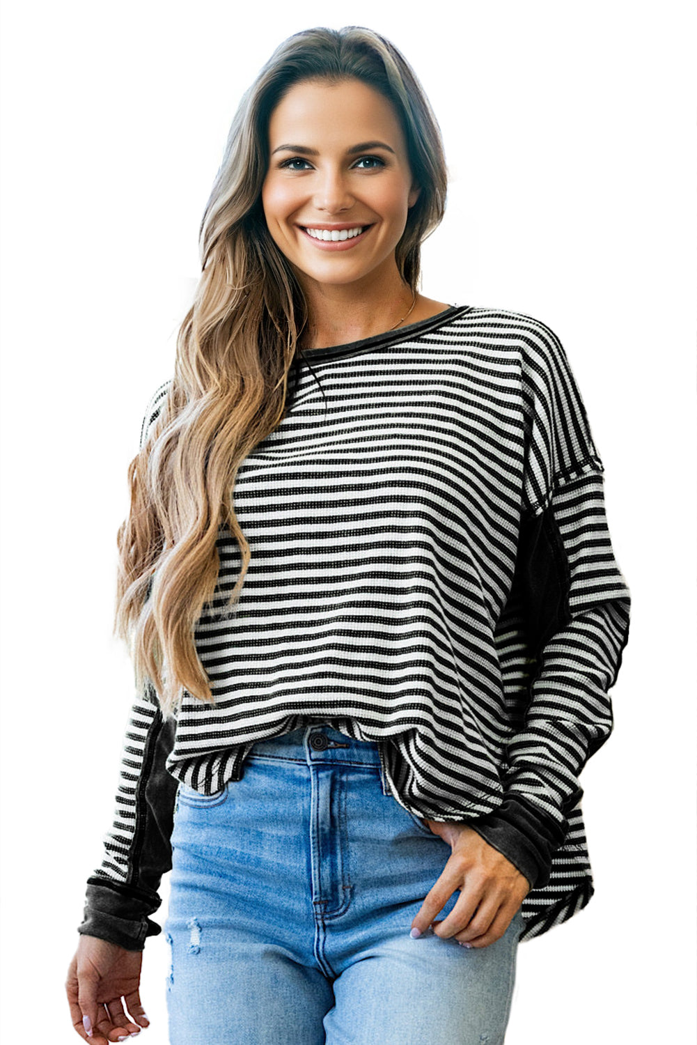 Khaki Stripe Patchwork Knit Drop Shoulder Top Long Sleeve Tops 7369d720f25db713