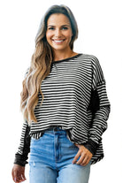 Khaki Stripe Patchwork Knit Drop Shoulder Top Long Sleeve Tops 7369d720f25db713