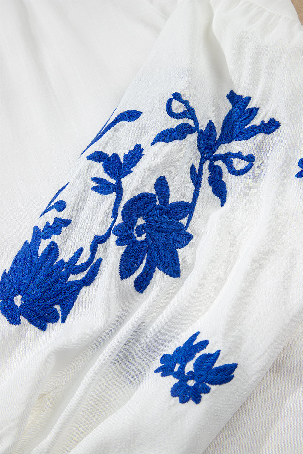 White Floral Embroidered Drawstring V Neck Blouse Blouses 738fa41a6b19c6c3