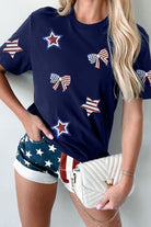 Blue USA Flag Bow Star Sequins Patch Graphic Crewneck T Shirt Graphic Tees 73a8ee834e857294