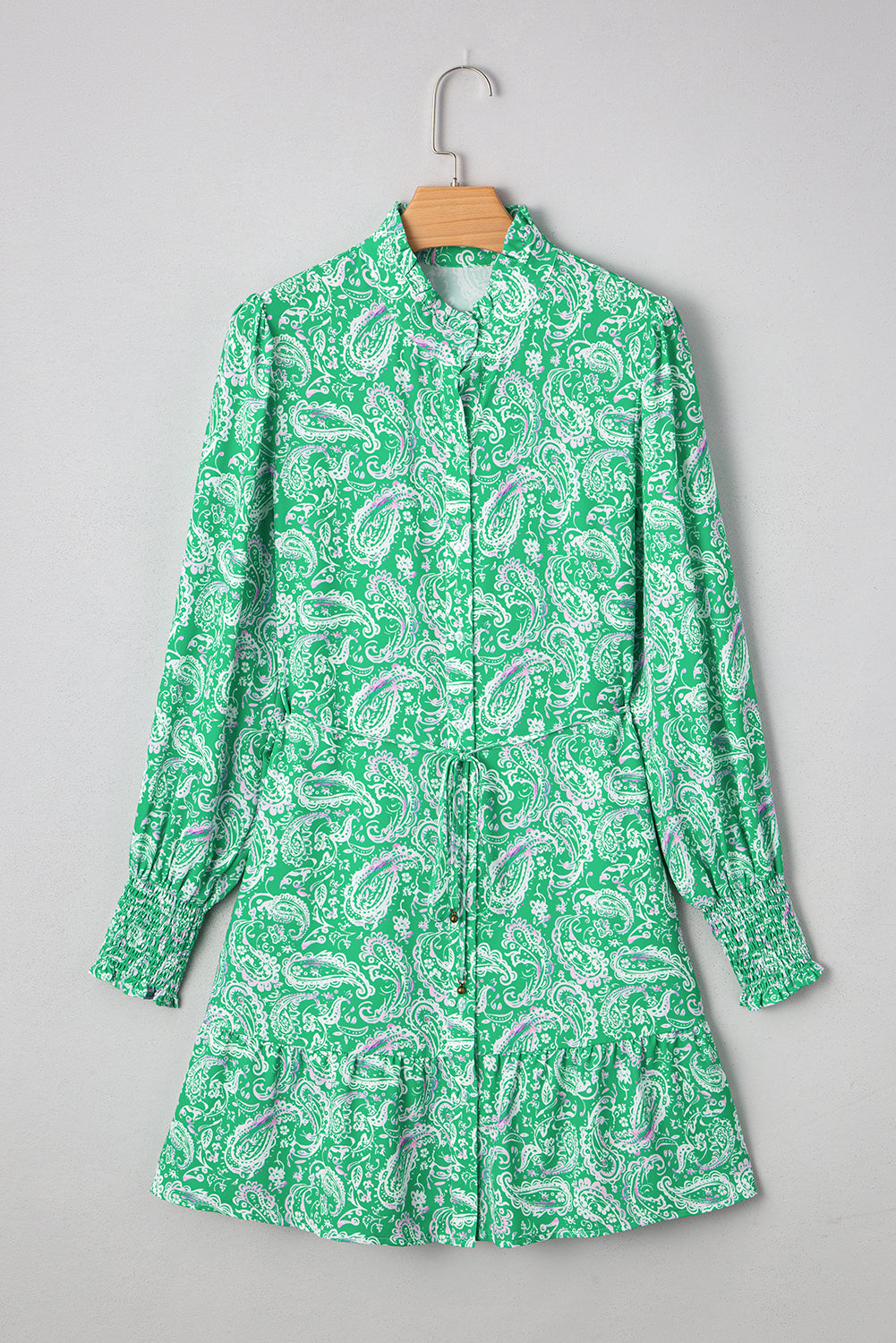 Green Paisley Print Long Sleeve Button Front Tied Waist Mini Dress Short Dresses 73b493b7a4ac0885