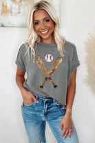 Medium Grey Ribbed Knit Sequin Baseball Graphic T Shirt Graphic Tees 73bc724f15f7d63c