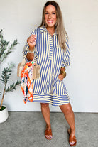 Blue Striped Collared Half Button Side Pockets Loose Fit Mini Dress Short Dresses 73cb017cb36a6b70